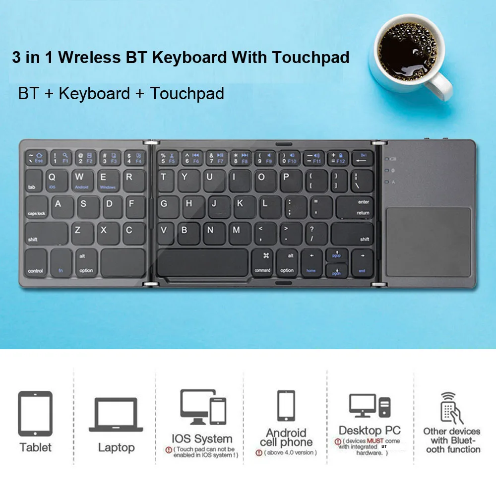 VONTAR Portable Folding Russian Wireless keyboard BT Rechargeable BT Touchpad Keypad for IOS/Android/Windows ipad Tablet