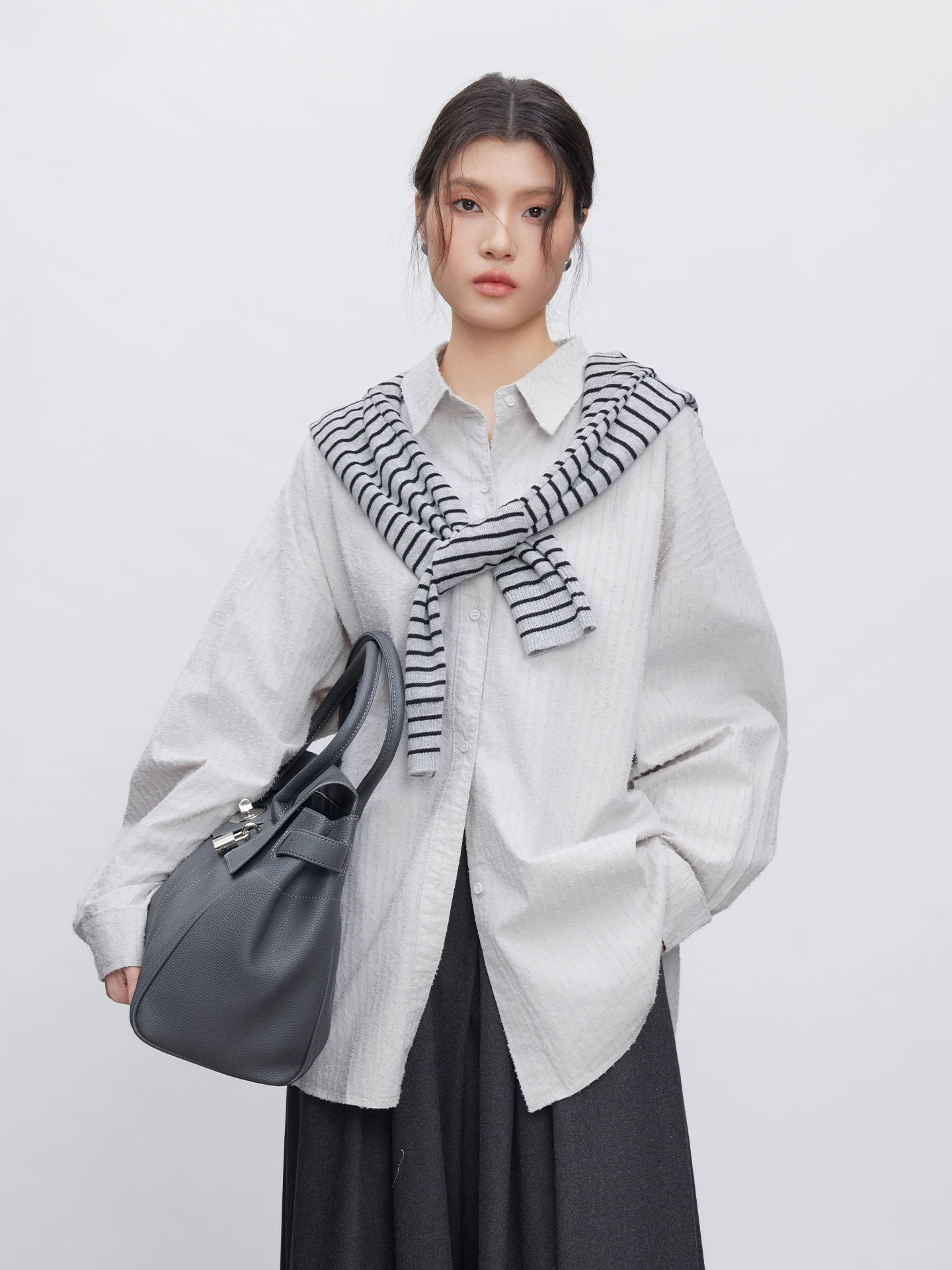 

KEARA Long Sleeve Women's Shirt Casual Style Light Grey Striped INS Trendy Long Shirt Simple Leisure Top for Young Women