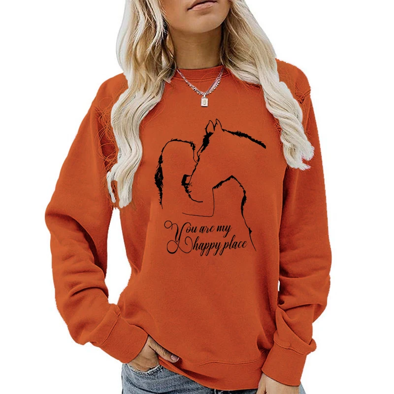 Funny Horse And Girl You Are My Happy Place Print Sweatshirt Autumn Winter Fleece Long Sleeves Pullover For Women Round Neck