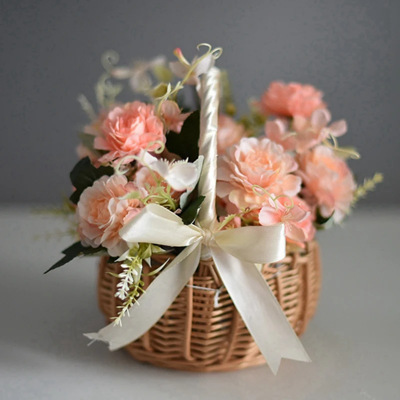 3X Wicker Woven Flower Basket, With Handle And White Ribbon, Wedding Flower Girl Baskets, For Home Garden Decoration(S)