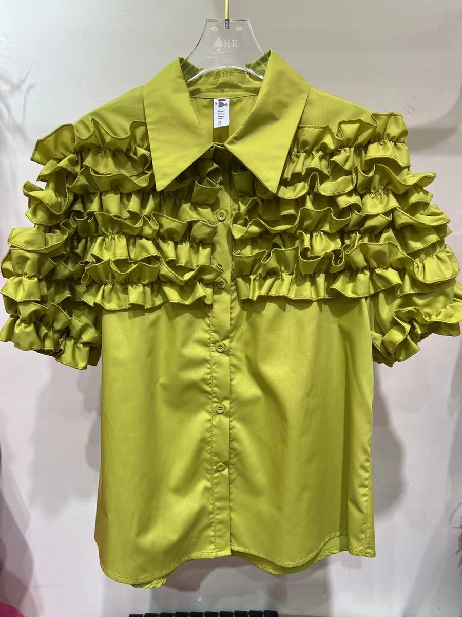 GALCAUR Solid Spliced Fungus Folds Elegant Shirts for Women Lapel Short Sleeves Patchwork Single Breasted Shirt Female Style New