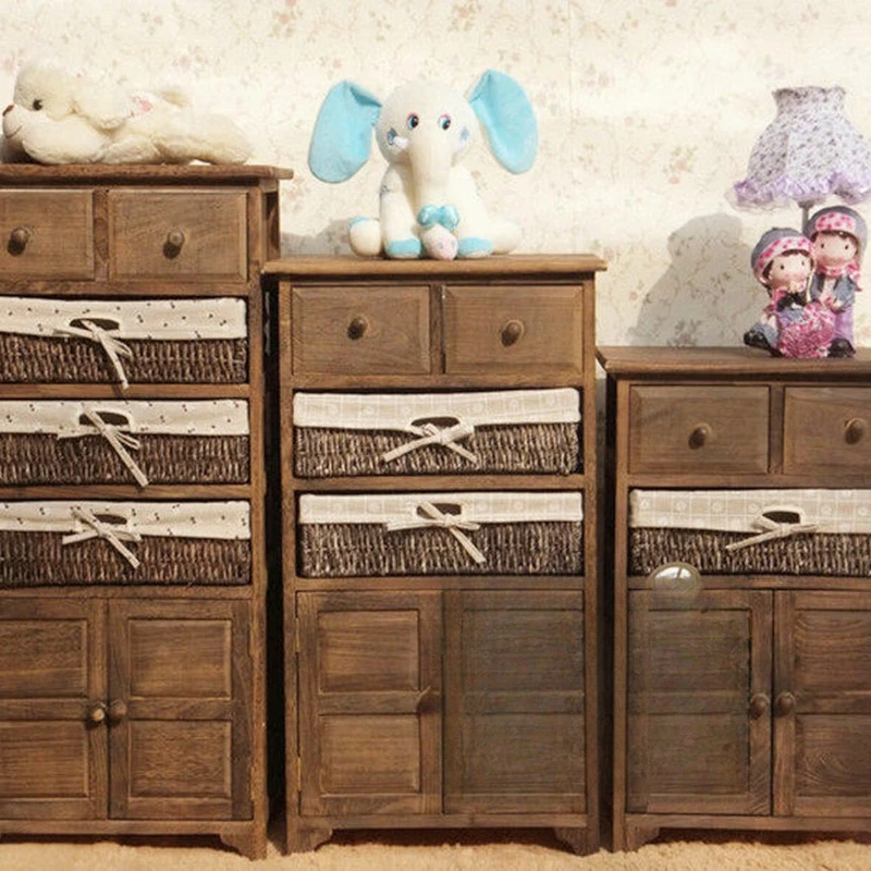 American solid wood bedside table rattan pumping storage bucket cabinet locker multi-layer multi-drawer chest bedroom bedside