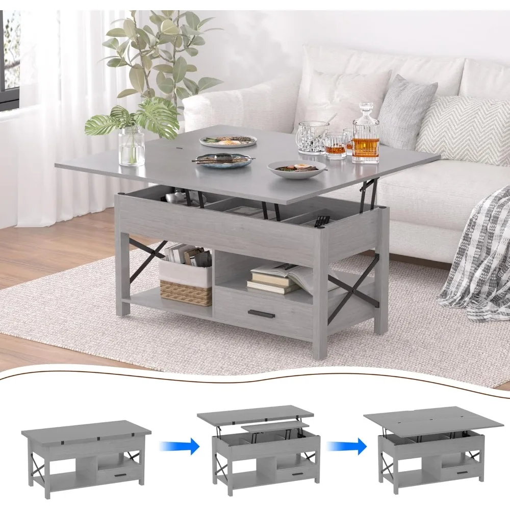 

42“ Lift Top Coffee Table, 4 in 1 Retractable Coffee Tables Converts to Dining Tables with Storage and Hidden Compartments and O