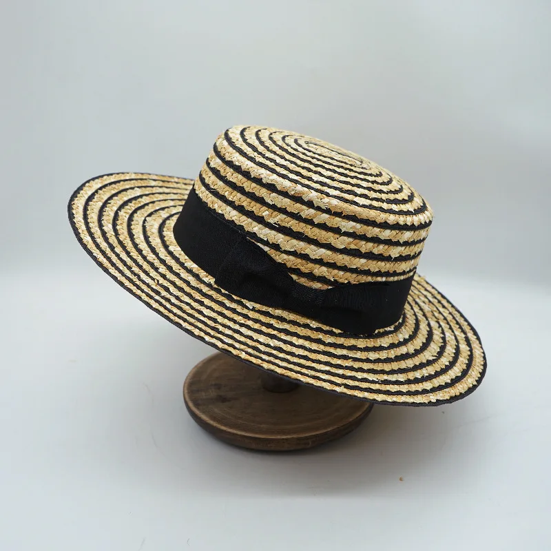 black-white-striped-patchwork-sawtooth-rye-straw-flat-top-hat-men-women-sun-protection-beach-vacation-wide-brim-breathable