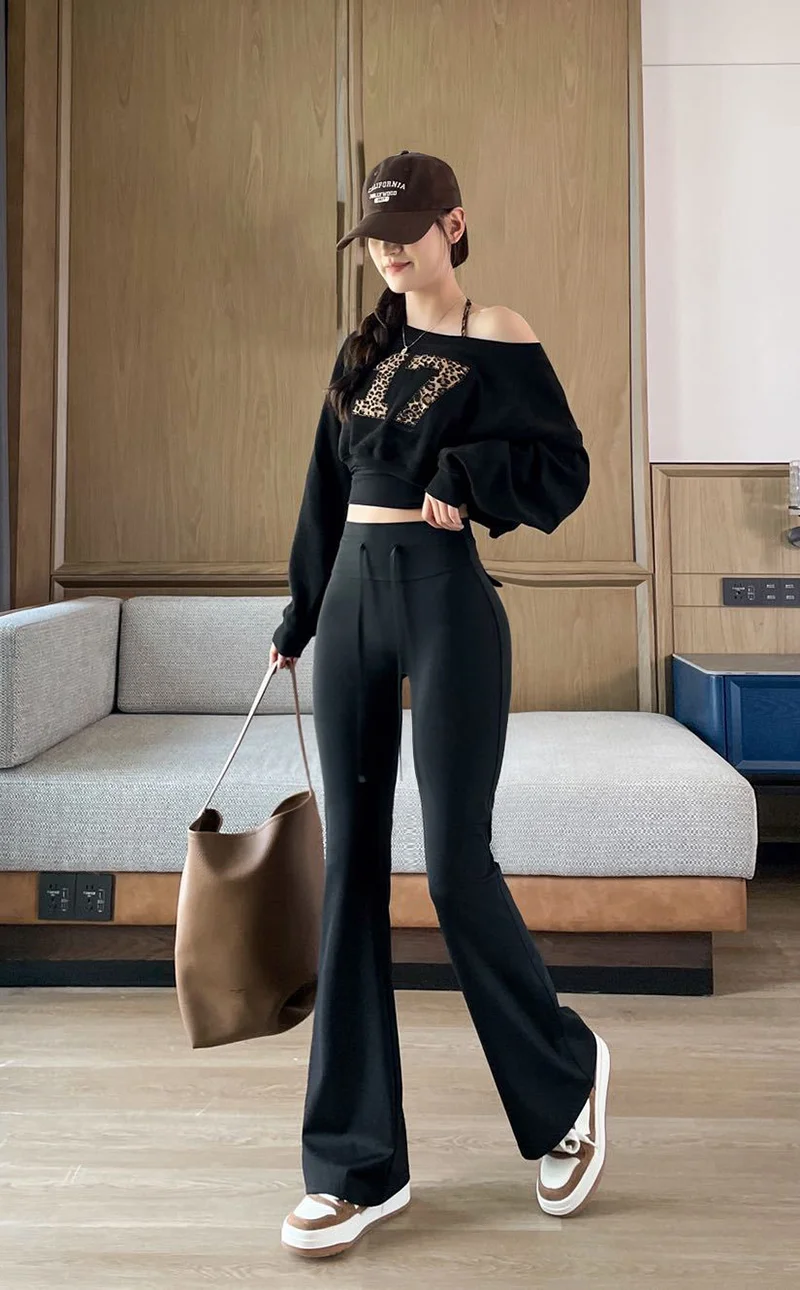 BIVIGAOS Autumn New Drawstring High Waist Micro Flared Leggings Women Slim Fit Elastic Fashionable Casual Sports Flared Pants