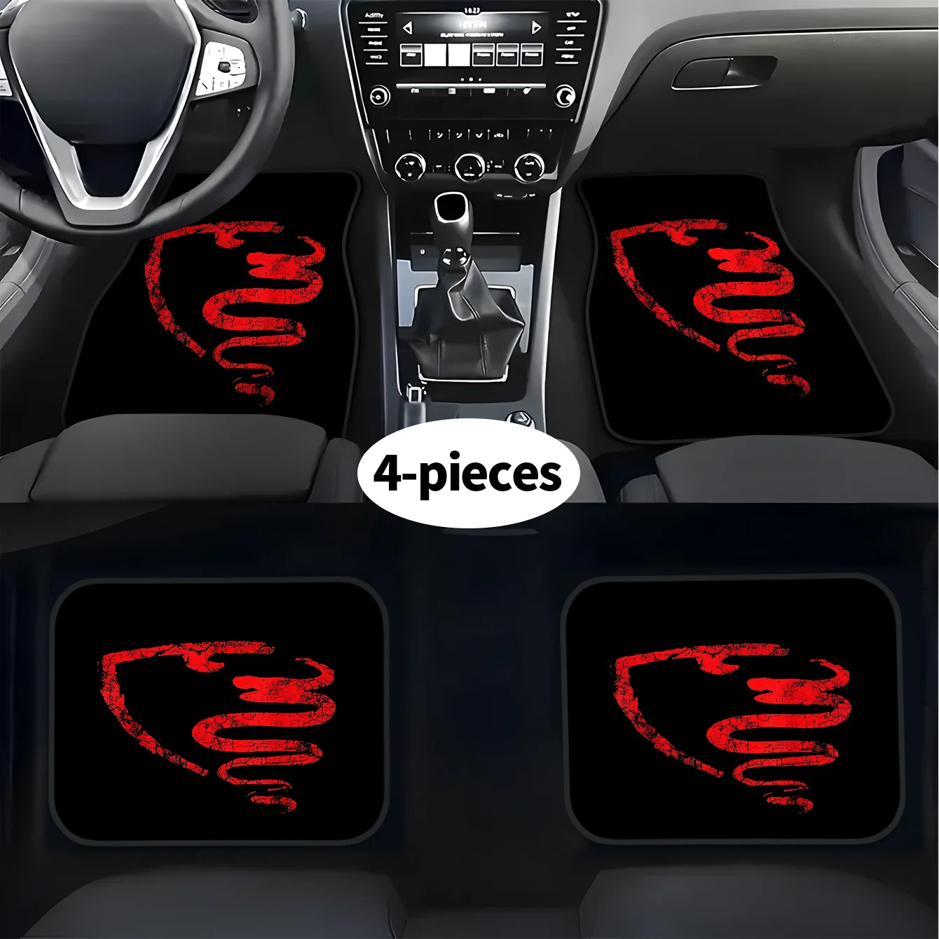 2D 4pcs Red Snake Logo Print Car Floor Mats, Front And Rear Carpet, Car Interior Accessories, Washable, Fashionable Floor Mats F