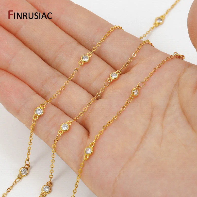 18K Gold Plated Brass Cross Link Chain,4.2*8mm Zircon Beaded Chain for DIY Handmade Jewelry Necklace Bracelet Making Accessories