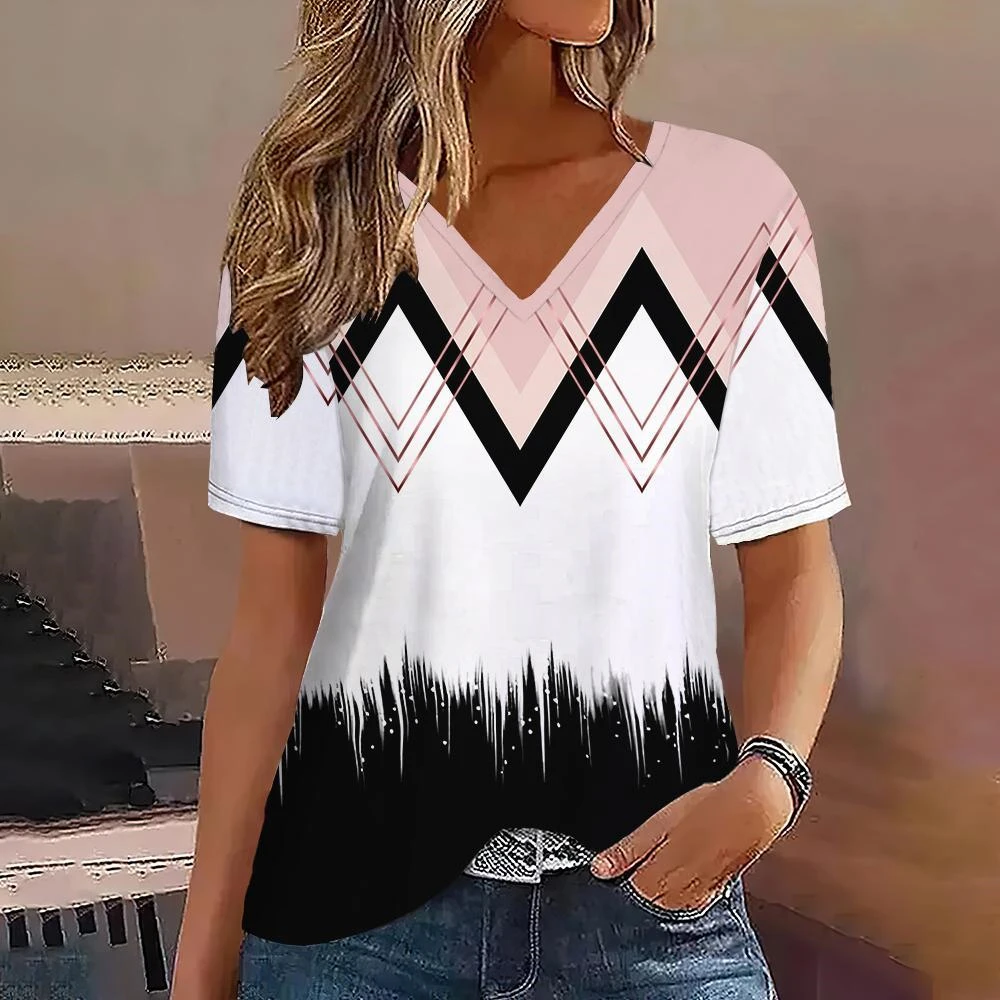 

Fashion Women T Shirt Stripes Print Gradient V Neck Short Sleeve Outdoor Top Streetwear Summer Oversize Clothing Women's T-Shirt
