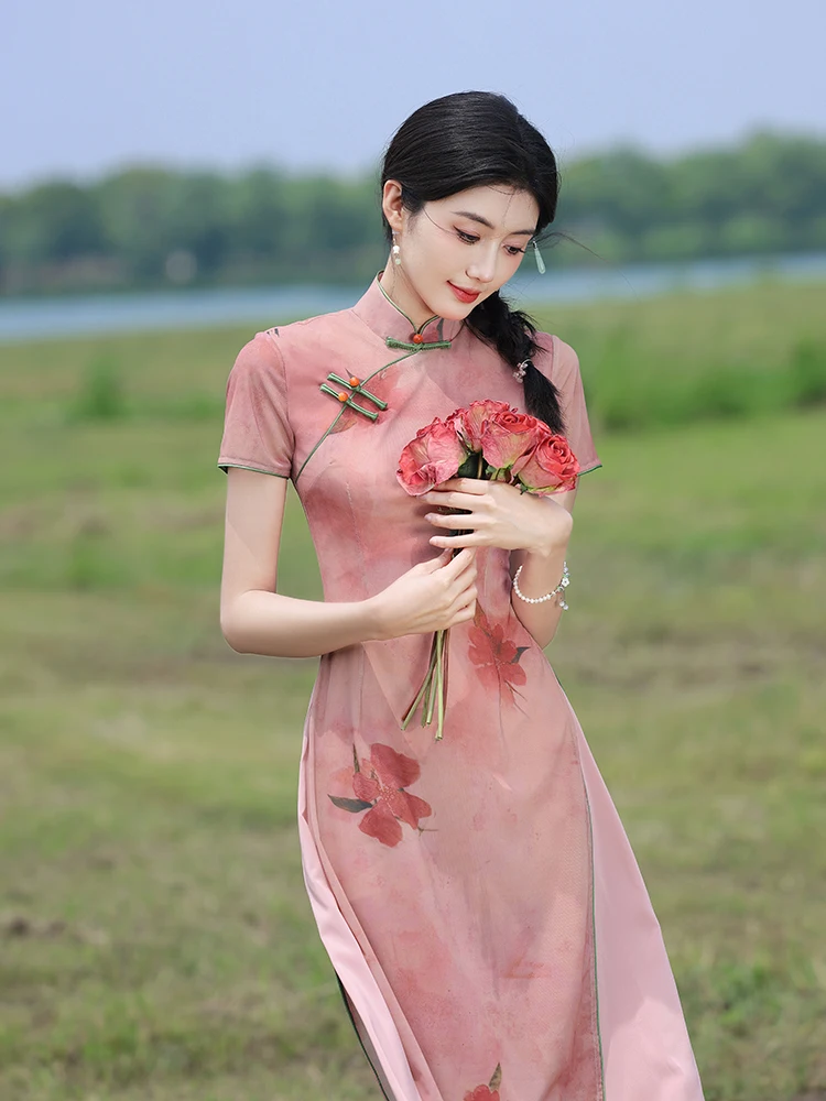 

Новое китайское платье средней длины розового цвета для молодых девушек, элегантное, красивое, летнее, высококачественное, с коротким рукавом, для повседневной носки.