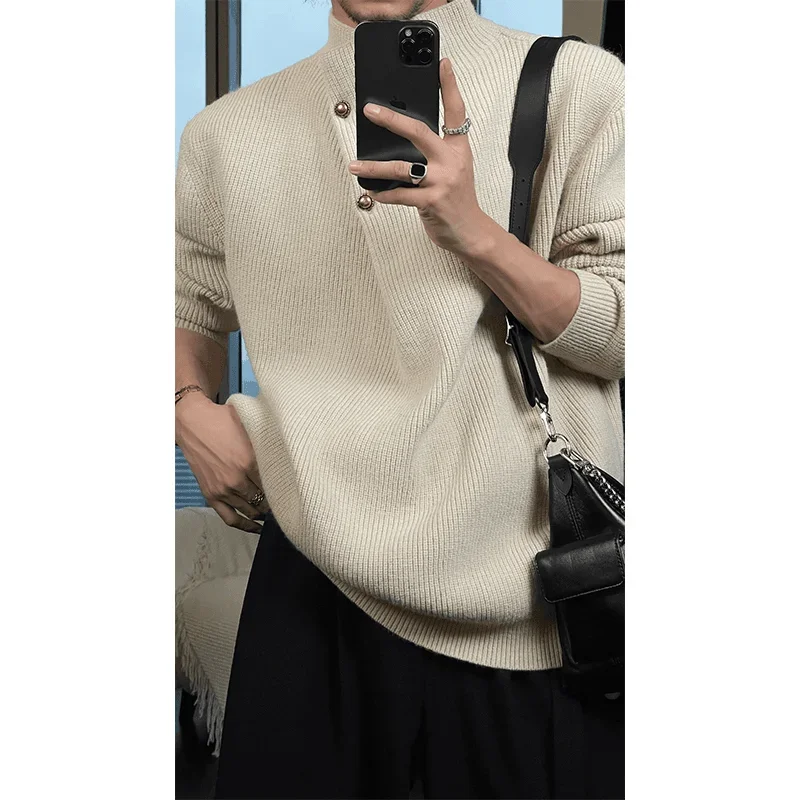 High-end Luxury Design Trend Coats Autumn Winter Knitwear Sweater Men High Neck Button Long Sleeve Pullover Business Casual Tops