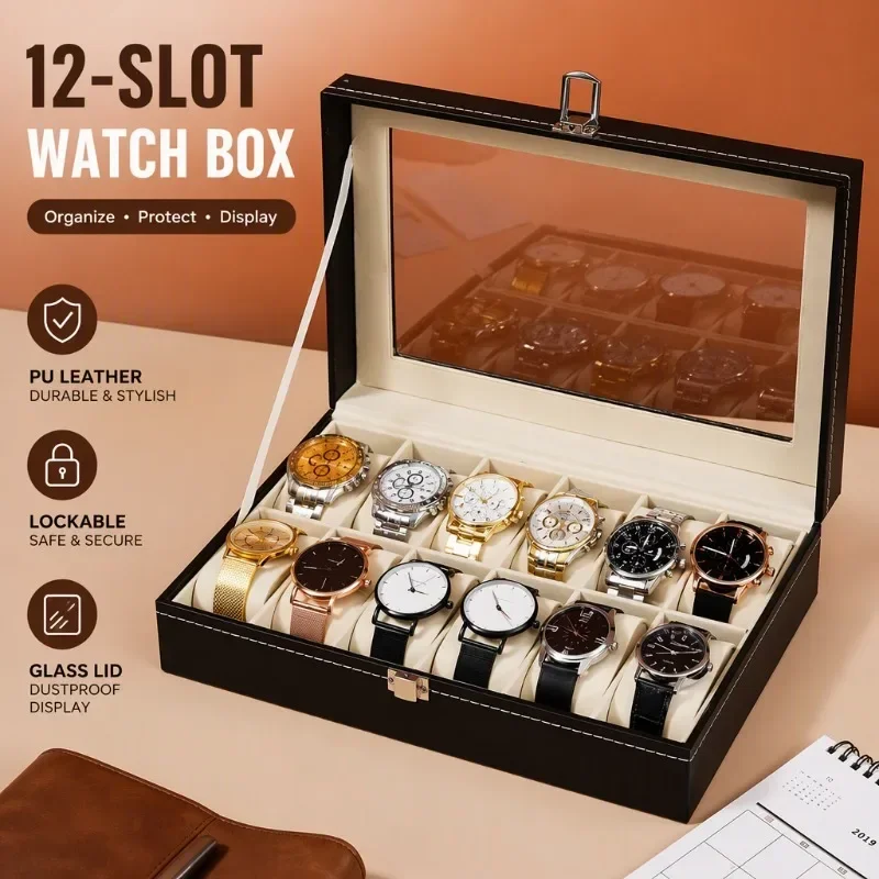 12‑Slot PU Leather Watch Box Lockable Glass Lid Jewelry Display Organizer Case For Men Watch Storage Gift Home Travel Use