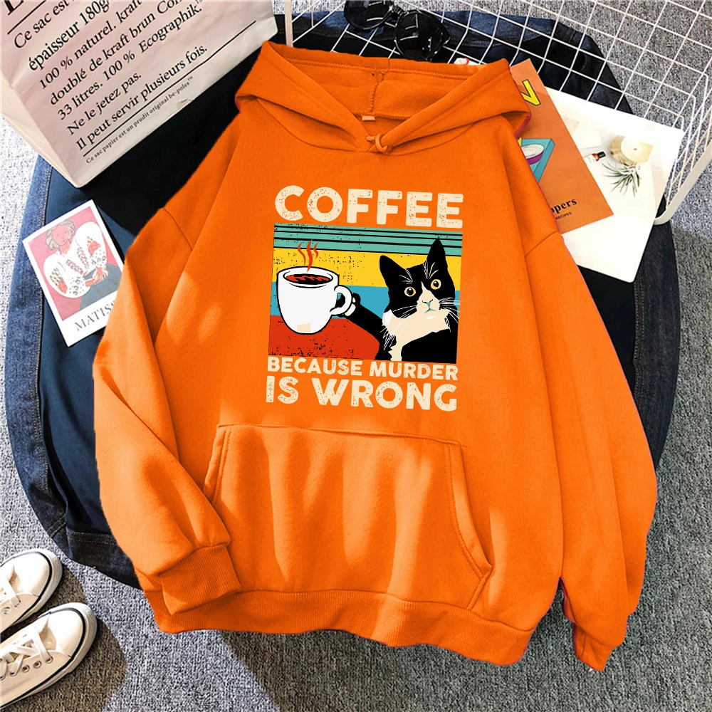 A Cat That Drinks Coffee And Works Prints Hoodie Women Harajuku Loose Hoody Fashion Casual Streetwear Comfortable Y2K Womenswear