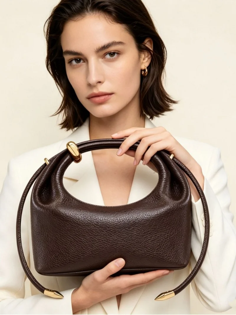 2026 Fashion Metal Ring Decorative Handbag Light Luxury Lychee Pattern Pillow Type Handbag