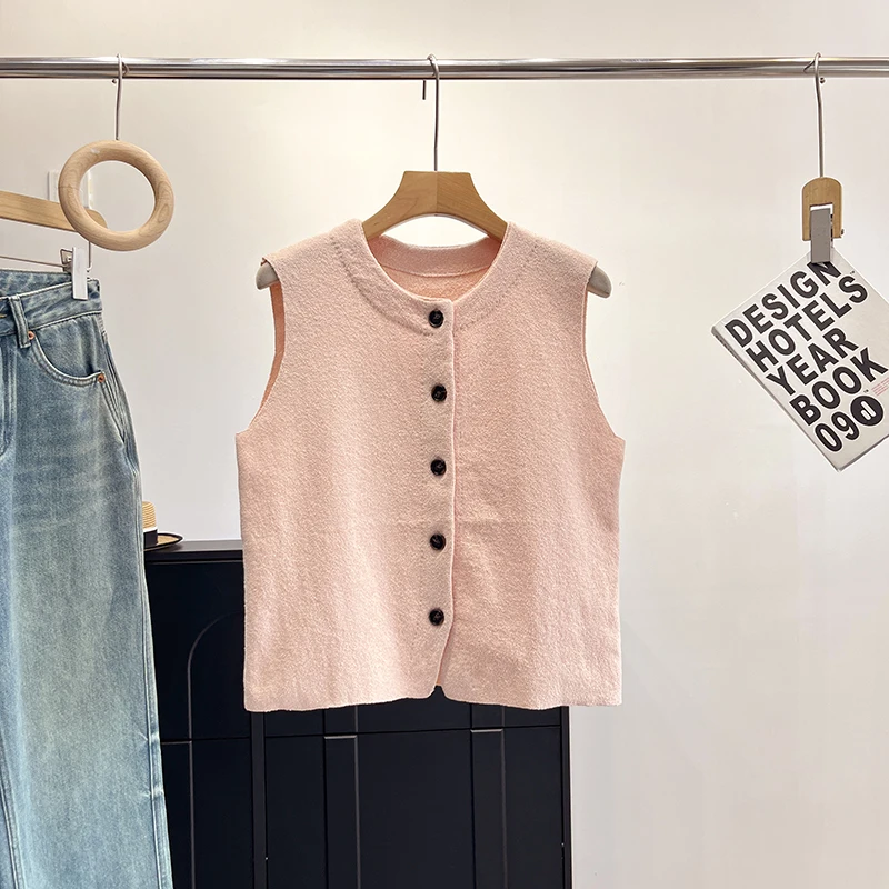

Nordic/Circular Stand Sized Knitted Vest Svel Women's Faion Light Pink Sweater Jaet round Need Commute Sle