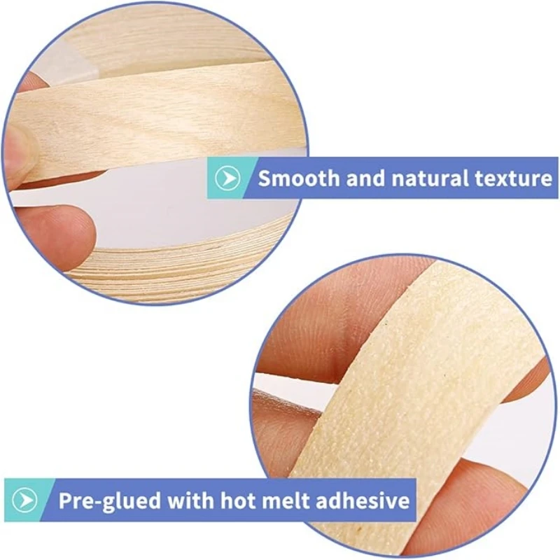 Tiras de folheado de madeira de bétula pré-coladas, fita de madeira compensada, fita de madeira flexível, ferro em folheado com parte traseira adesiva de derretimento quente