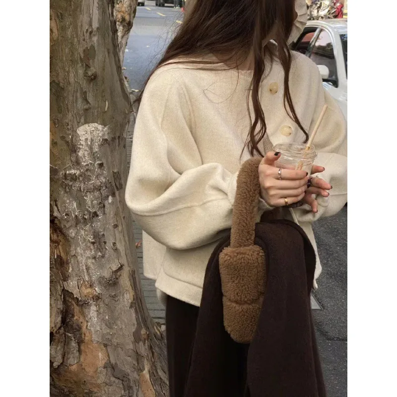 2024 Autumn and Winter New Solid Color Student French Style Short Loose Round Neck Wool Coat Women's Commuter Casual Wear