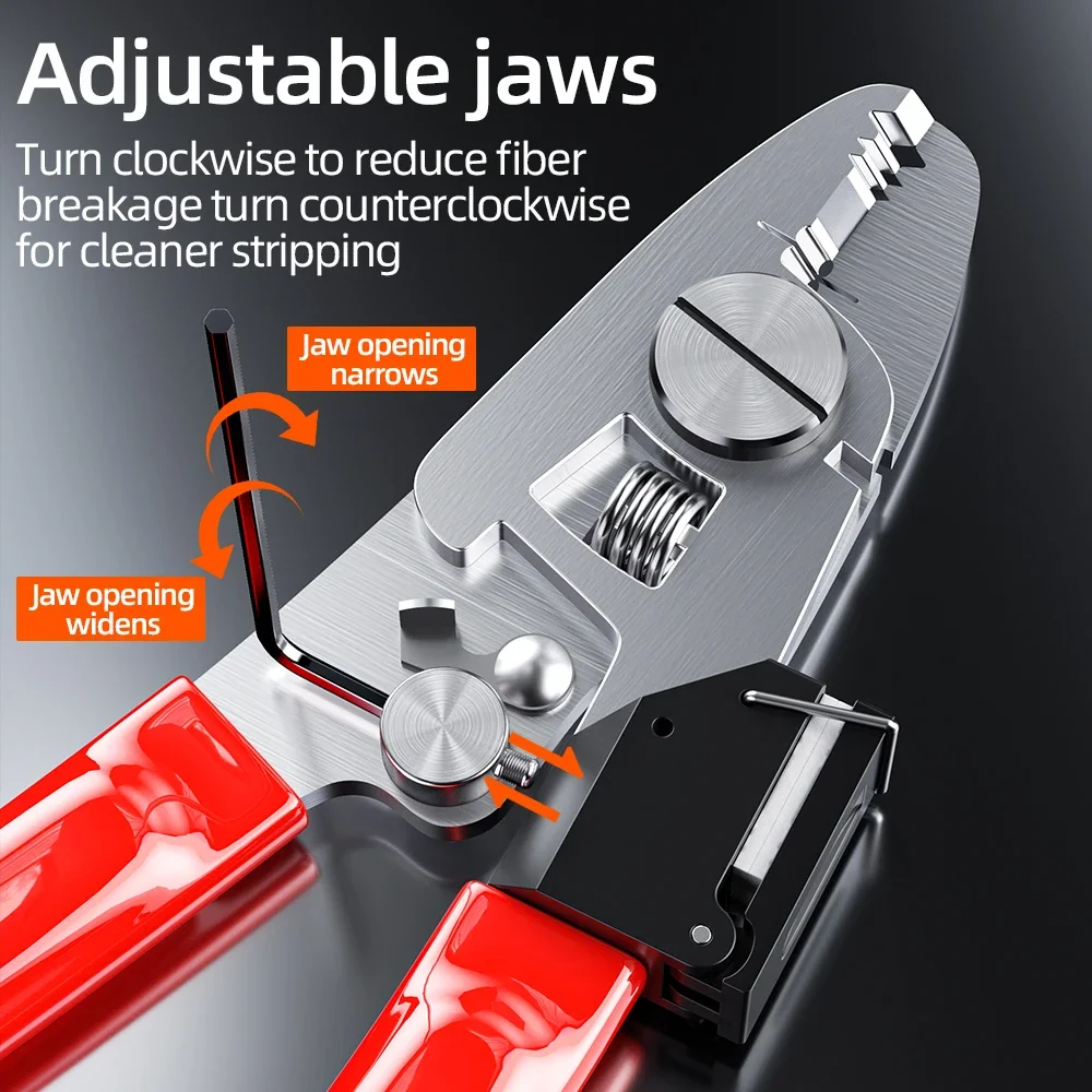 6-in-1 Miller Stripper, stripping & fiber cleaning all-in-one. For fiber drop cable, patch cord, bare fiber & Kevlar yarn.