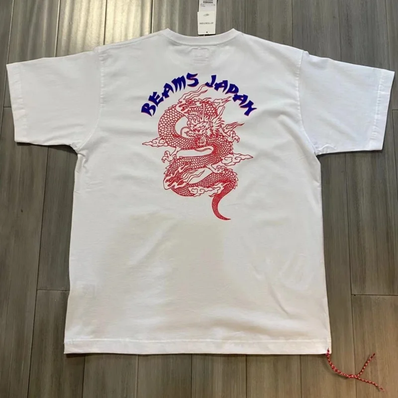 Oversized Cotton Beams Tshirts Summer Japan Tokyo Street Dragon Print Weaving Red Rope Casual Men Women Short Sleeve Tops