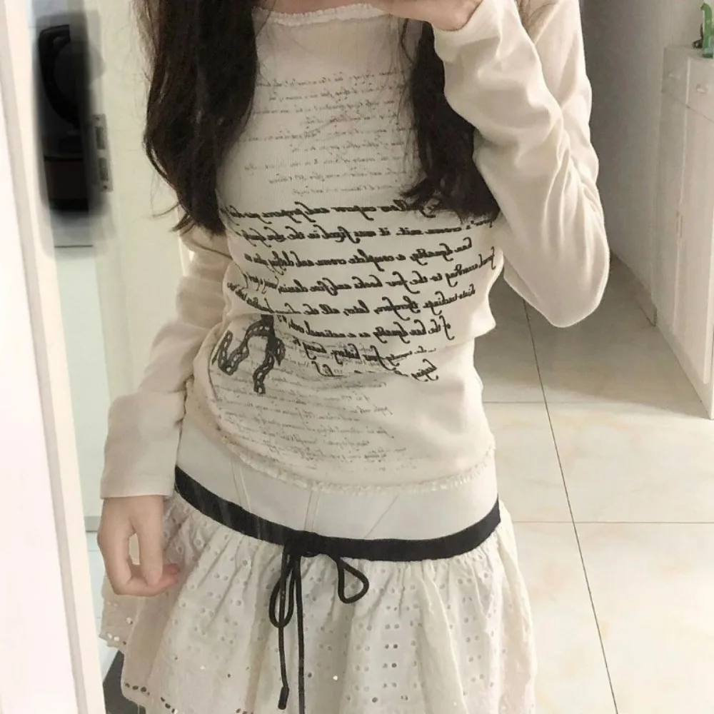 Simple Korea Chic Minority Spice Girl T-shirt Unique Print Harajuku Goth Ropa Mujer Slim All-match Pure Desire Undershirt