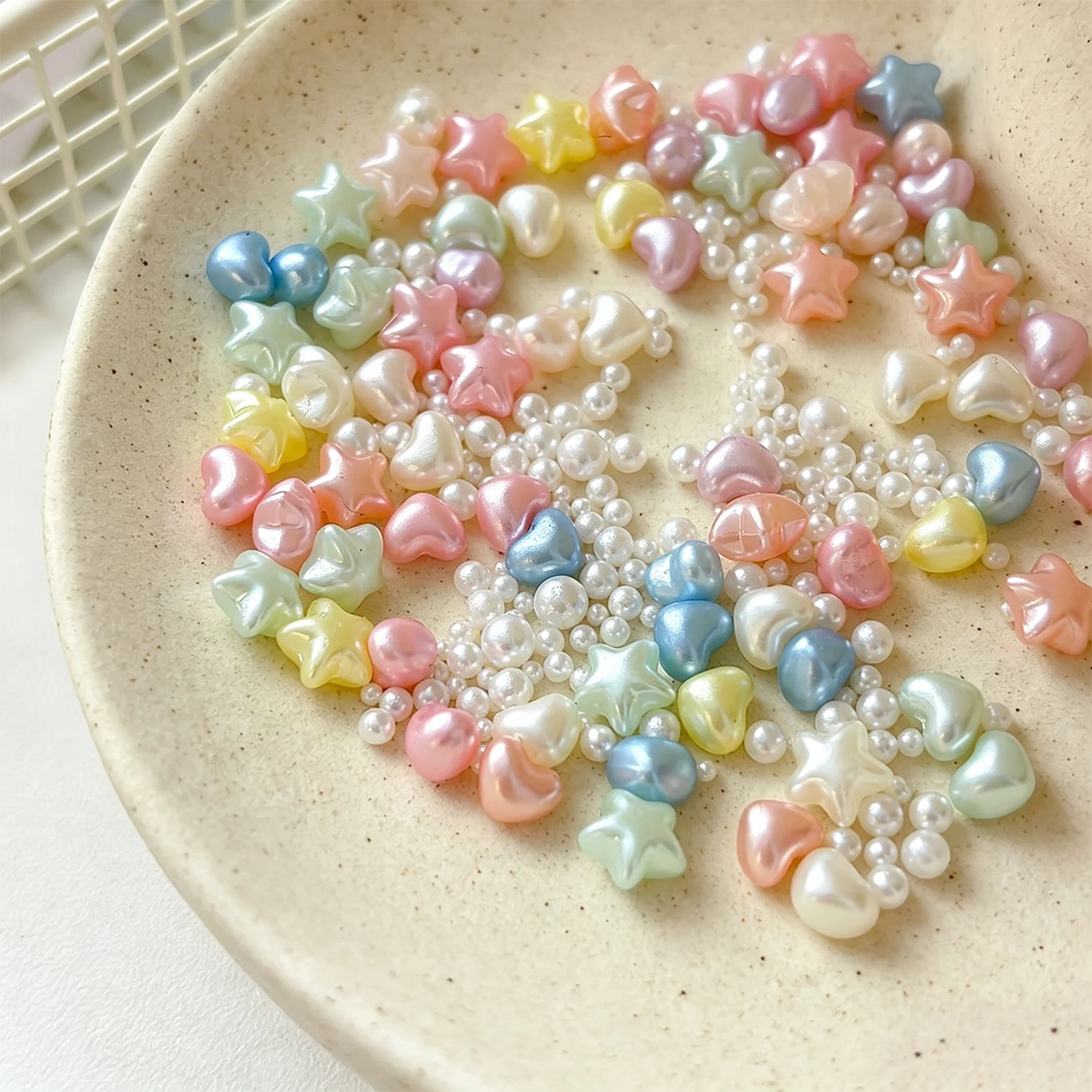 50pcs Mixed Macaron Heart & Star Nail Art Charms Shiny Round Pearls Nail Decorations Resin Craft Jewelry Making for DIY Manicure