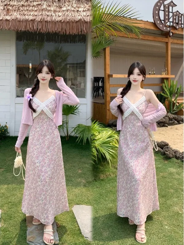 

plus Size Summer Long V-Neck Dress Korean Style A-Line Silhouette Sleeveless Anti-Uv Cardigan Over-Knee Slimming Wrap Dress