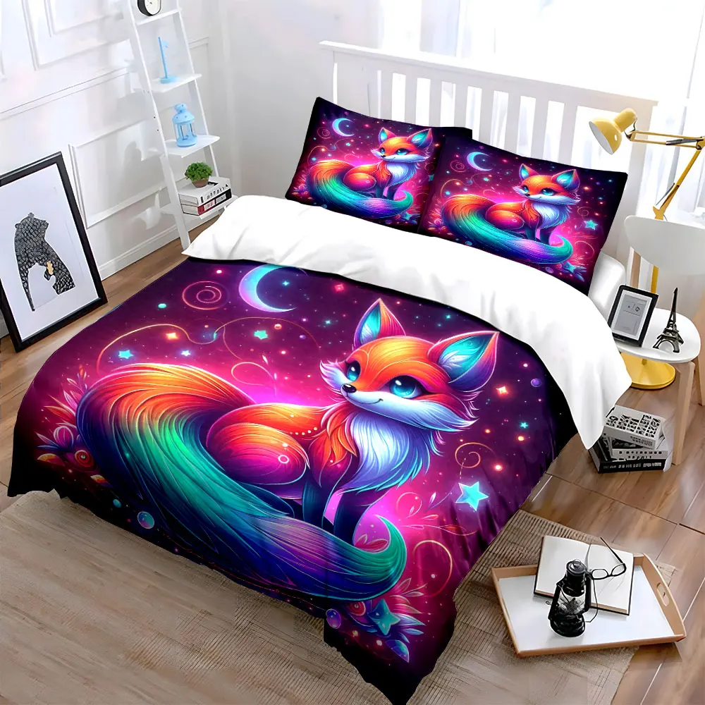 Vibrant and Dreamy Fox Illustration Print Bedding Set 1 Duvet Cover 2 Pillowcases for Adult and Children Luxury Gift Full Size