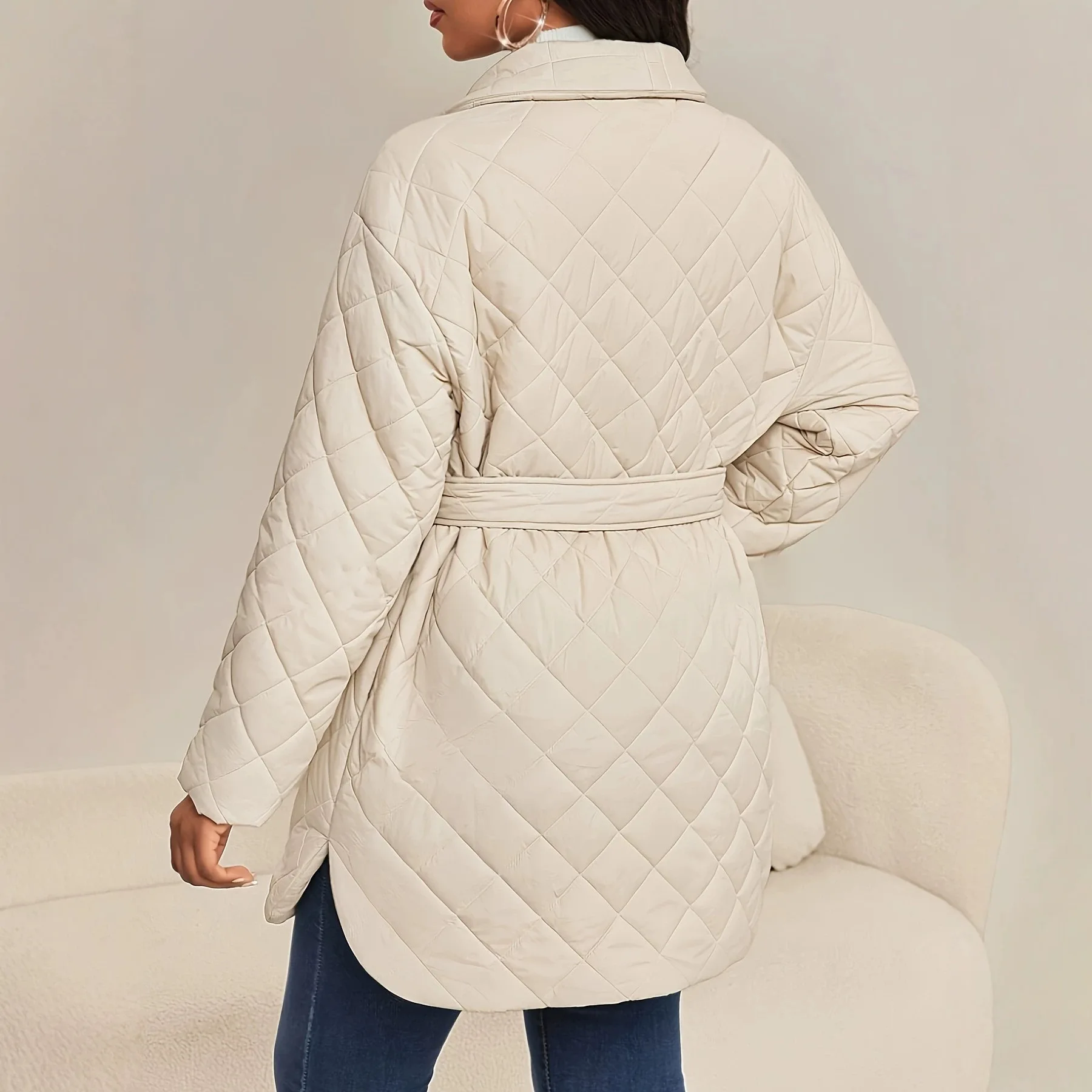 Belted Women's Quilted Padded Coat Mid-Length Lapel Tie Waist Trendy Fashion Classic Cozy Warm Soft Chic New Outerwear Coats