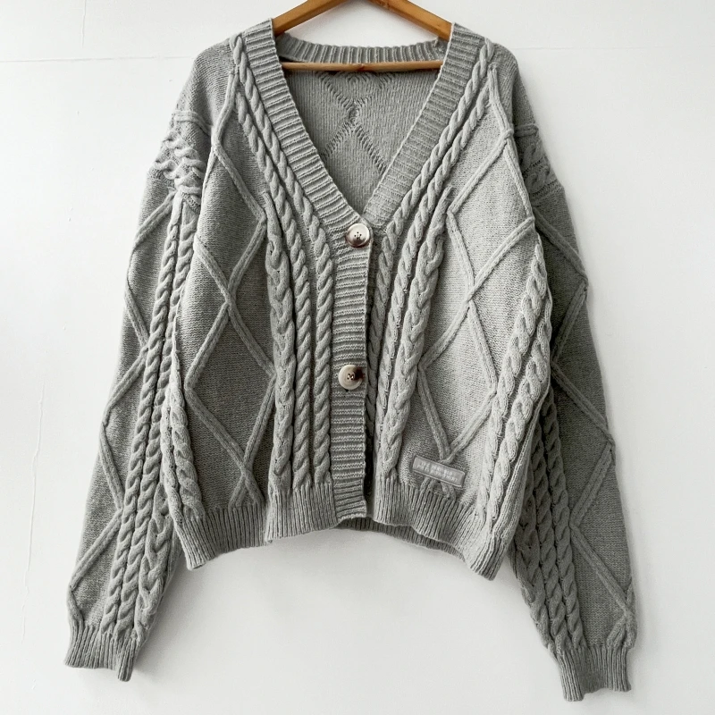 2024 Autumn Warm Knitted V-neck Long Sleeve Women's Grey Cardigans Coat Size S-3XL Fashion Solid Casual Grey Tops Sweater Women