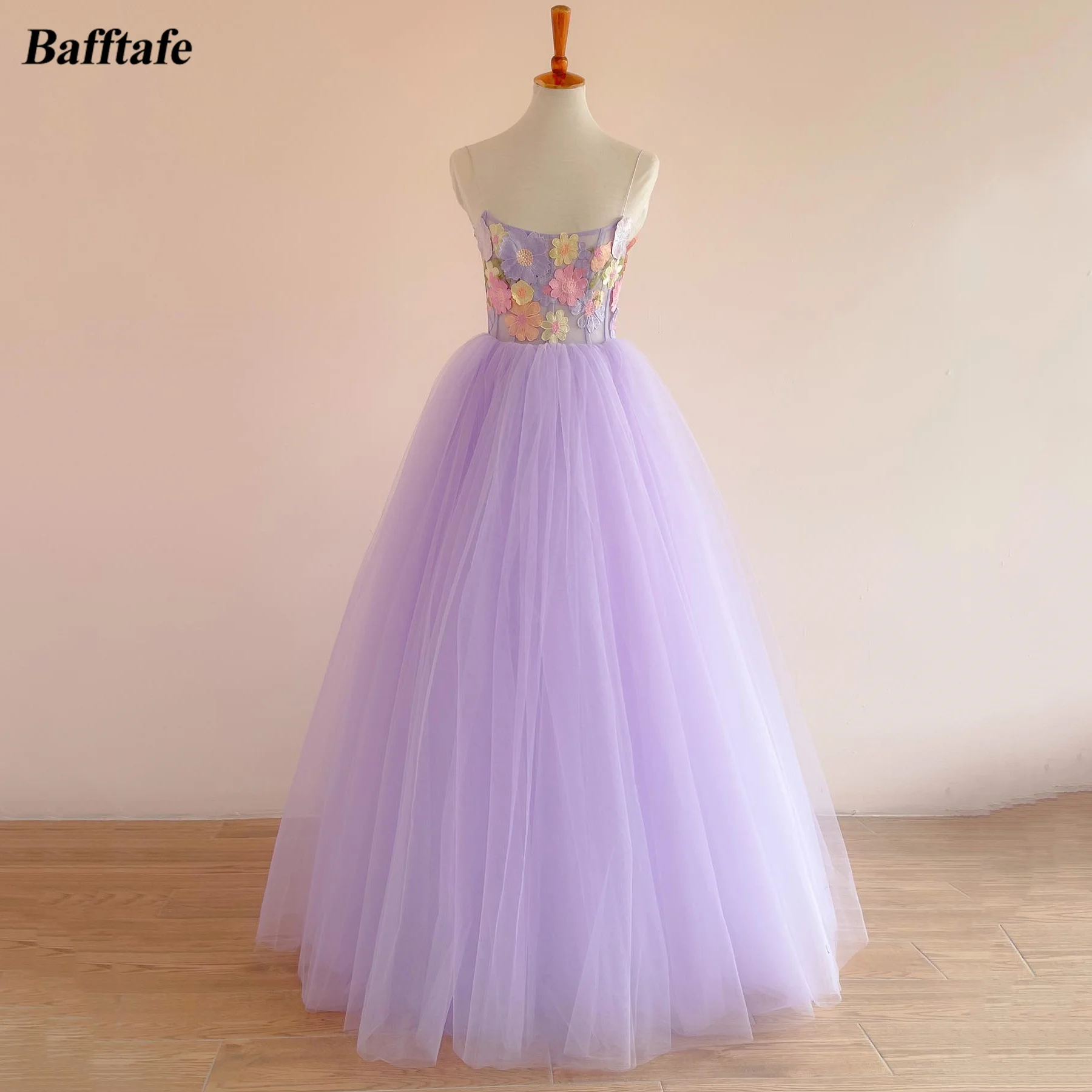 Bafftafe Simple Lavender A Line Tulle Floral Prom Dresses Straps Floor Length Women Formal Party Evening Gowns Wedding Dress