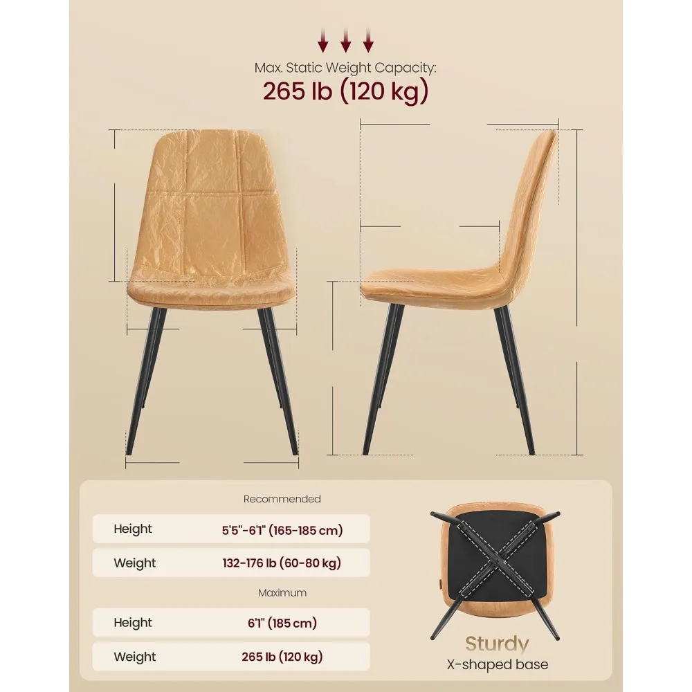 Set of 4 Modern Dining Room Chairs: Metal Frame, Adjustable Feet, Easy Clean Synthetic Leather, Caramel Brown