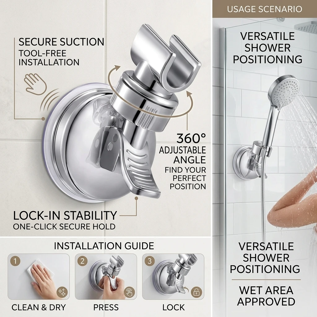 1-4Pcs Strong Vacuum Suction Cup Shower Rack Adjustable Handheld Shower Head Wall Mount Holder Rotating Bathroom Shower Base