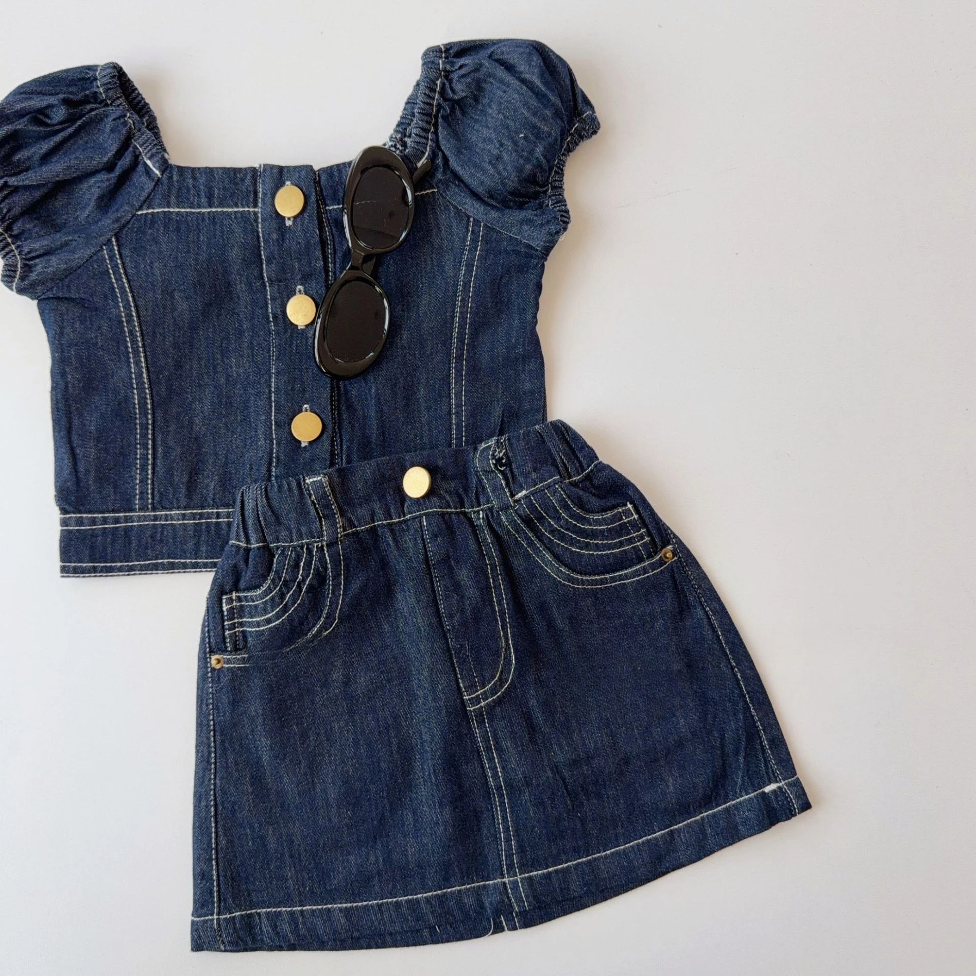 

Girls Summer Korean Version 2026 Temperament Casual Two Piece Set with Square Collar Top and Denim Skirt Set
