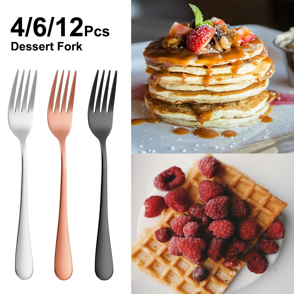 6.88“ Stainless Steel Gold Dessert Forks Set Simple Black Salad Fork 4/6/12 Pieces Cake Snack Fork Mirror Sliverware Cutlery