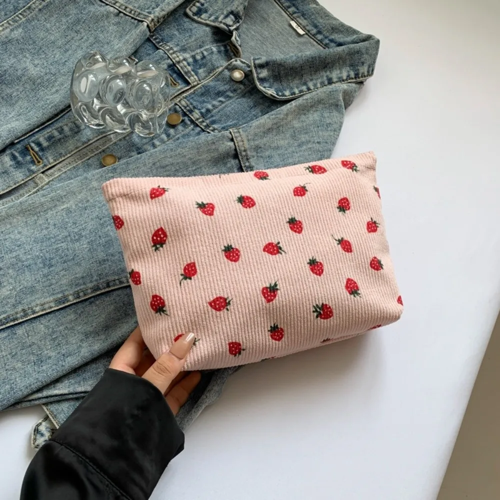 Portable Zipper Cosmetic Bag Corduroy Strawberry Print Travel Toiletry Bag Large Capacity Storage Bag Women