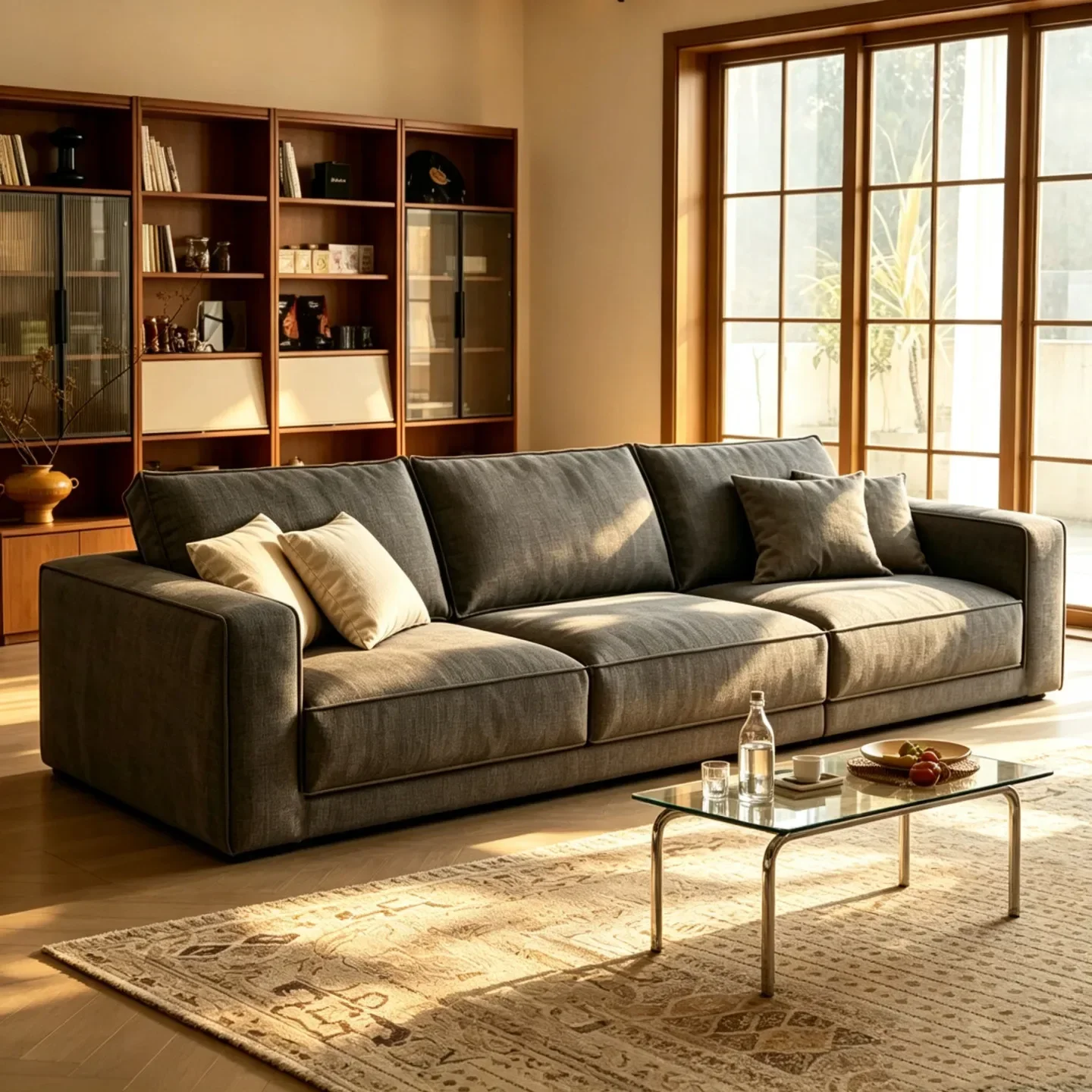 HYS simple and modern removable and washable apartment size living room straight row three full sponge sofa