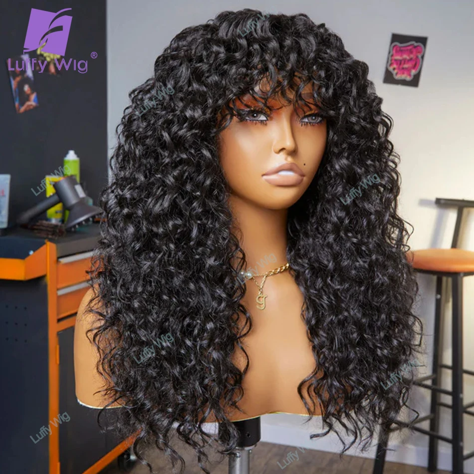 

Kinky Curly Bang Wig Human Hair Wigs With Bangs Remy Loose Curly Brazilian Scalp Top Wig 200 Density Glueless For Women Luffywig