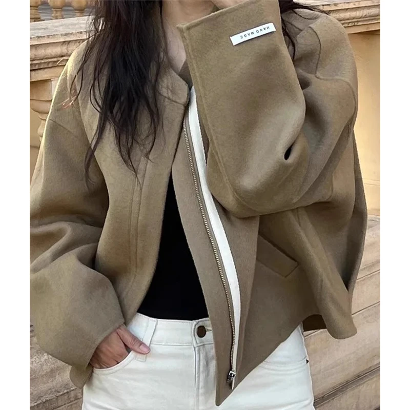 Chic Herbst Lose Fit Lange Sve Zipper Jaet Woolen Mantel Stehkragen Casual Vielseitig frauen Faion Koreanische Sle