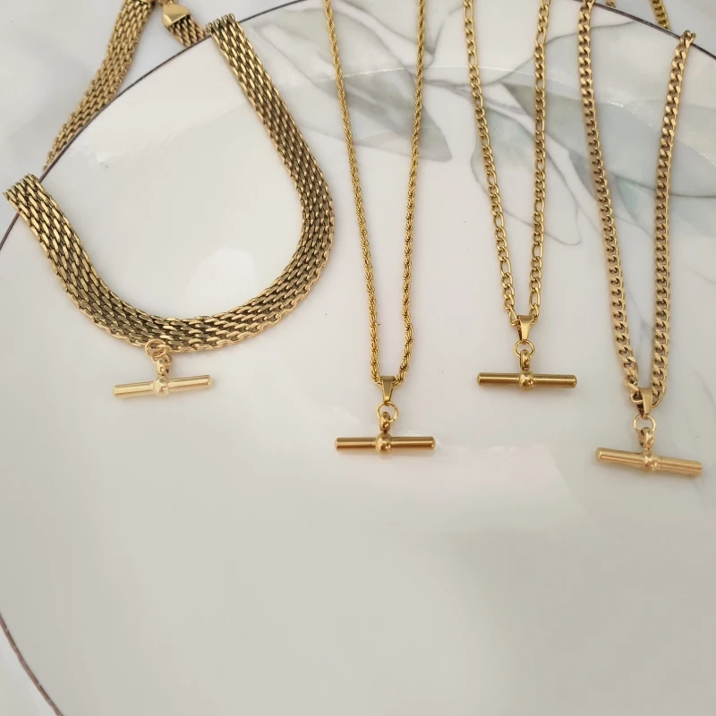 1pcs stylish simple t-shaped pendant titanium steel gold-plated personality light luxury collarbone chain necklace