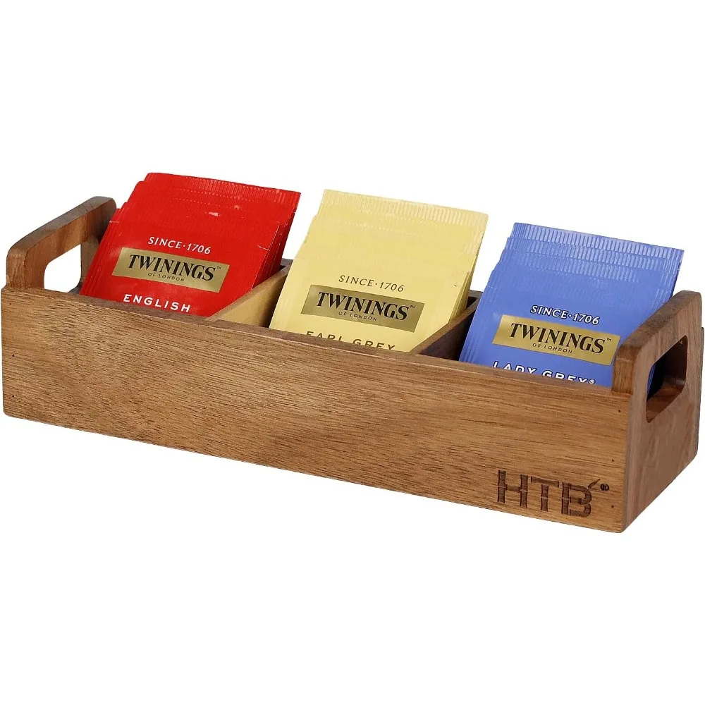 

Tea Bag Box, 3 Compartments Acacia Wood Tea Bag Chest with Handle, Mini Countertop Divided Storage Container, Small Tea Bag Box