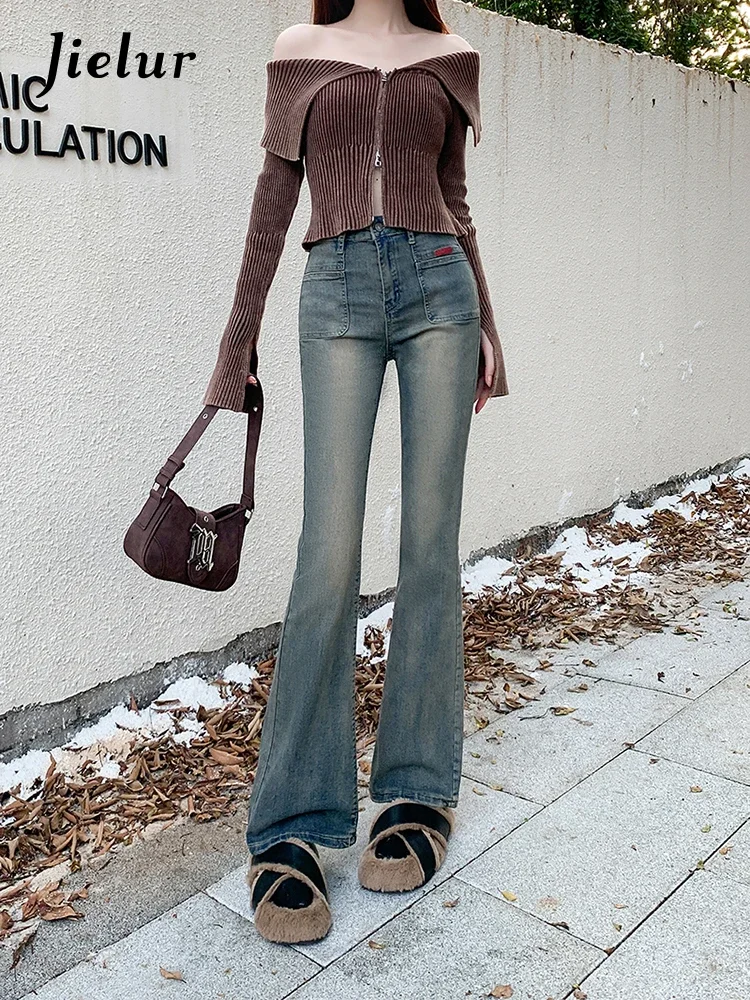 Jielur Autumn New High Waist Slim Women Jeans Do Old Simple Basic Flare Jeans Woman Vintage Blue Fashion Street Pants Female