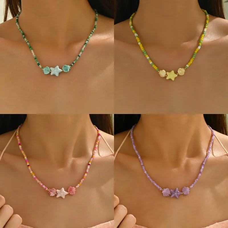 

Summer dopamine bead necklace with sweet and colorful rice beads, ceramic scallops, starfish, collarbone chain necklace