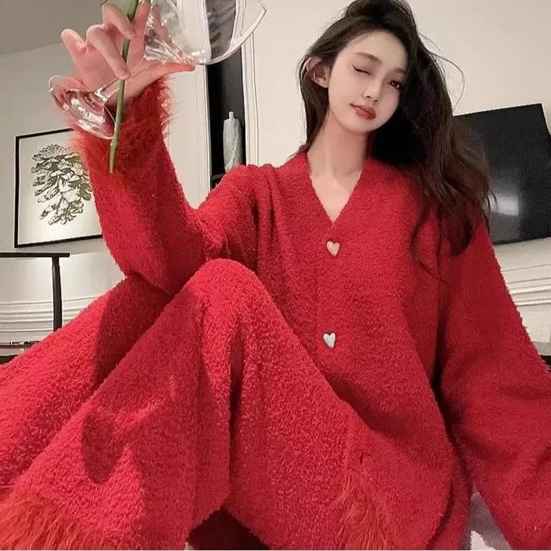 

2025 красные модные пижамы большого размера, полуфлисовая утолщенная теплая верхняя одежда, домашняя одежда, зимняя удобная женская новая одежда для отдыха