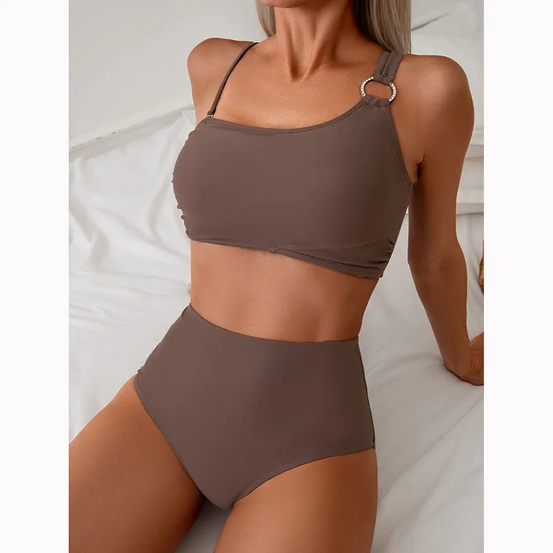 Women High Waisted Bikini Thin Shoulder Straps Sling Push Up Tank Top Separate Two-Piece Swimsuit Backless Swimwears