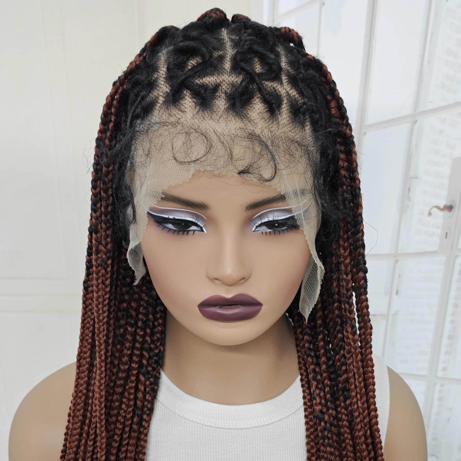 32Inch Full Lace Twisted Braids Wigs for Black Women Synthetic Lace Frontal Braided Wigs with Baby Hair Ginger Lace Braiding Wig