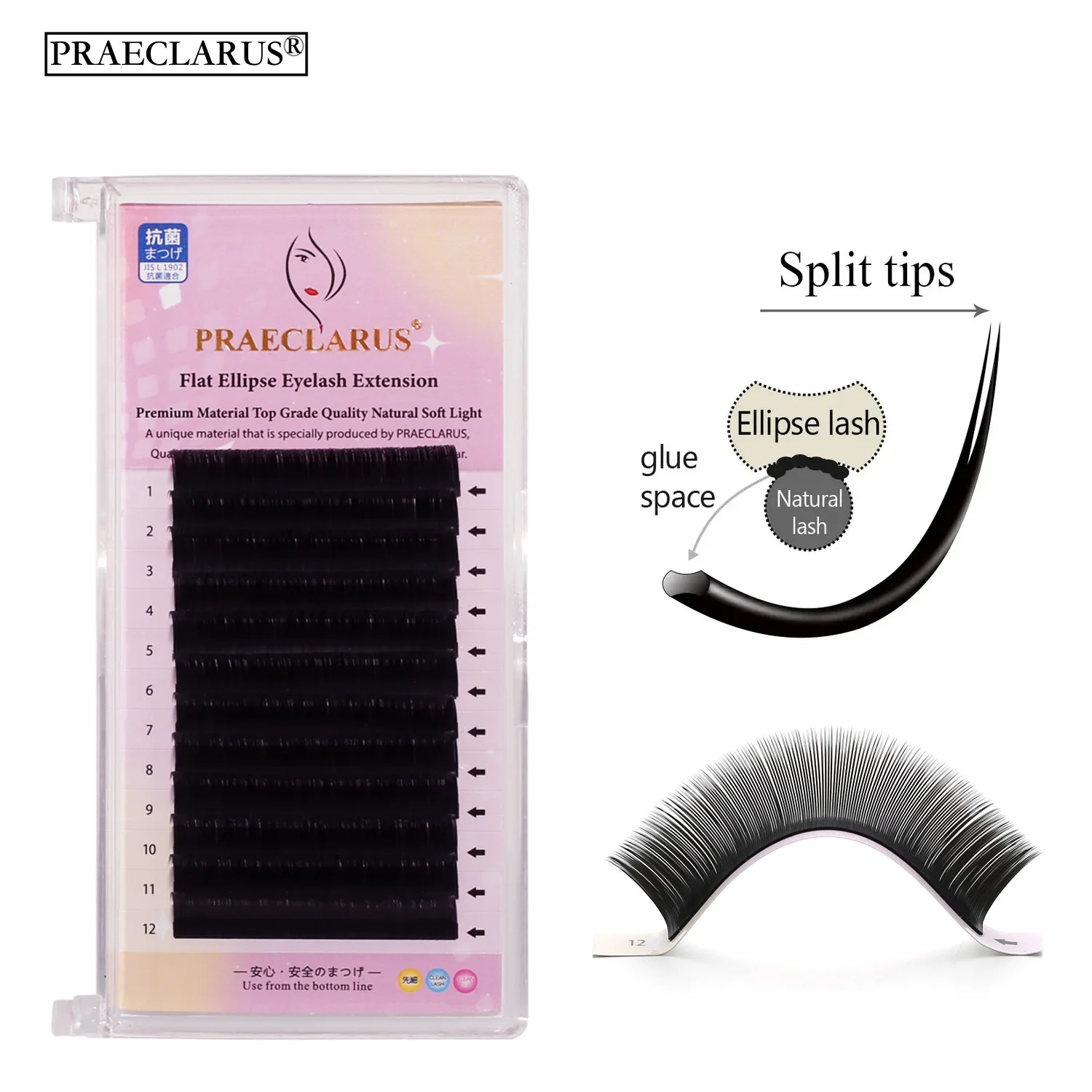 PRAECLARUS-Pestana Individual de Elipse Plana, Curl C D DD, 0,15 0,20, Natural, Suave, Preto, Pontas Dupla, Ellipse, 8-15mm