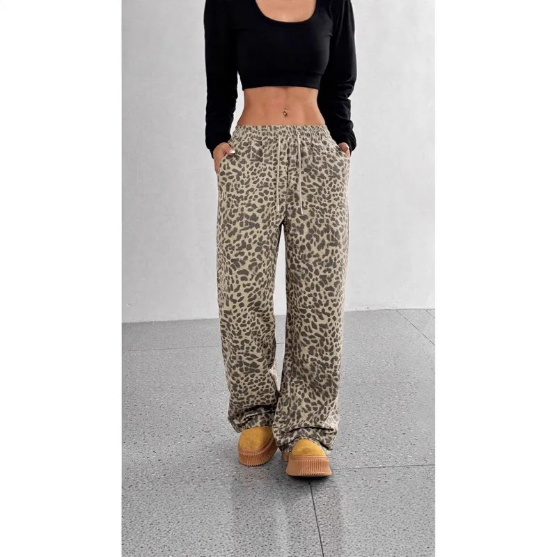 EuropeanAmerican Springsummer High-waisted Wide-leg Pants Loose Form-fitting Fashionable Leopard Print Floor-length Casual Pants