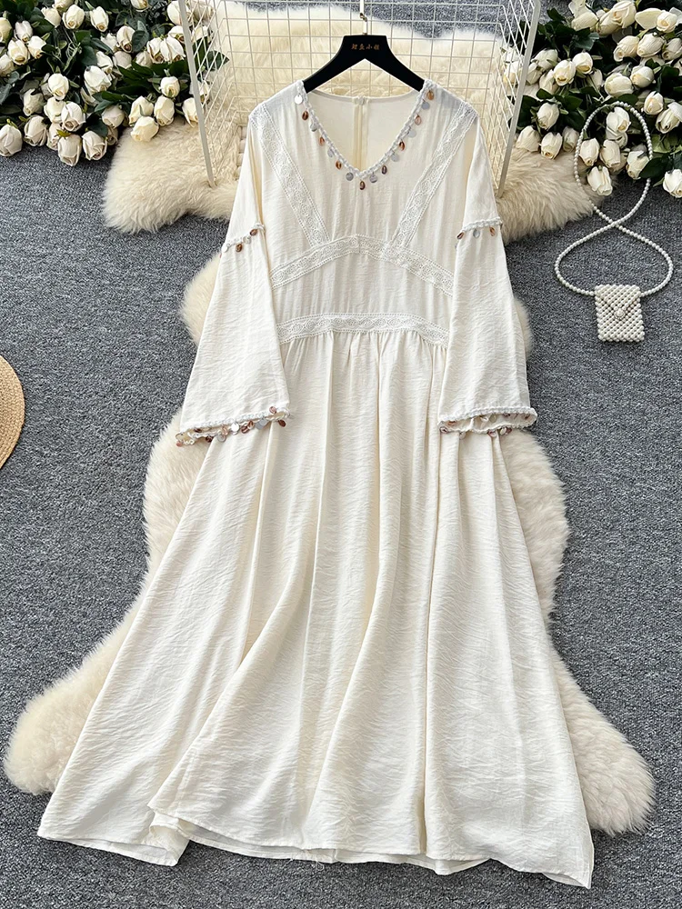 Dames zomerjurk vintage etnische stijl kant patchwork uitlopende mouwen losse afslanken casual effen kleur lange vestidos DS163