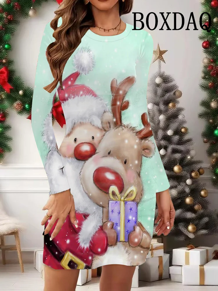 Vestidos con estampado de muñeco de nieve de Navidad para mujer, minivestido ajustado de manga larga con estampado 3D de copos de nieve de Navidad a la moda 2025