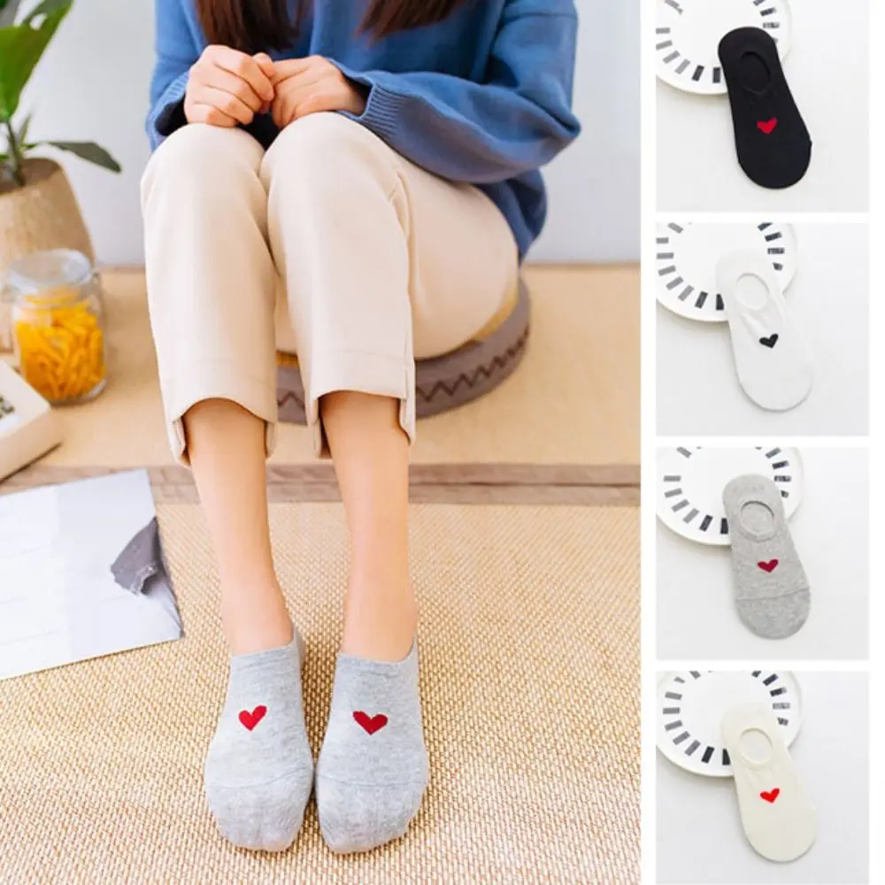 5Pairs Sweat Absorption Love Heart Boat Socks Low Cut Anti Slip Short Tube Socks Sweet Female Hosiery Invisible Socks Outdoor