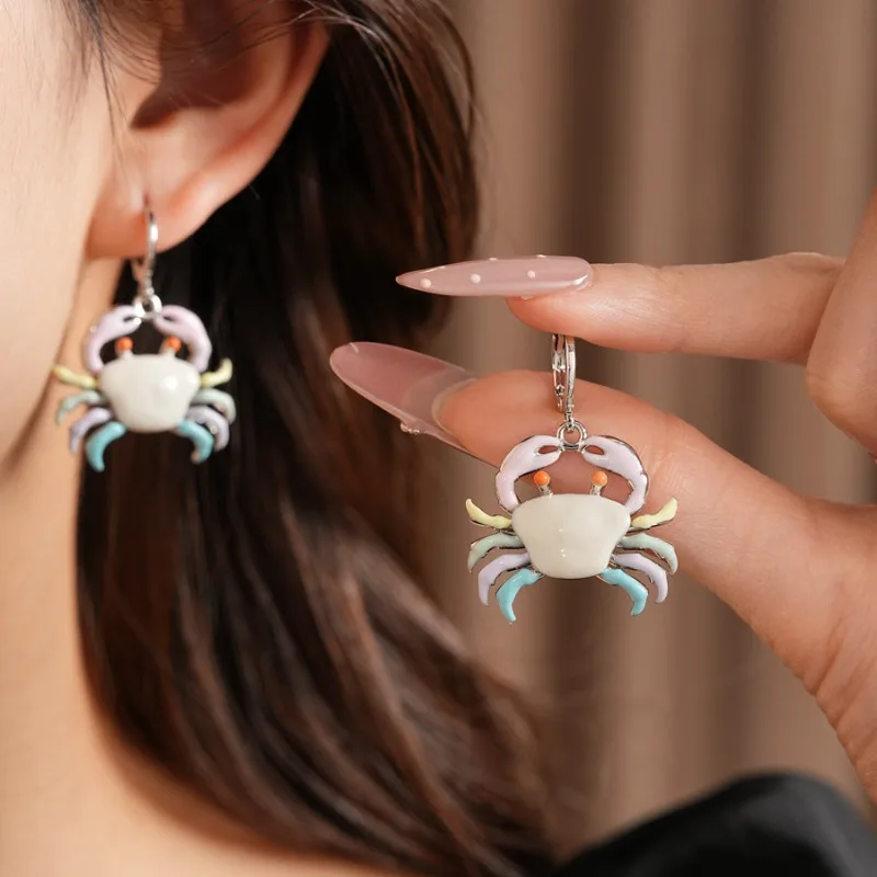 Y2K Cute Crab Enamel Earrings Macaron Color Beach Marine Life Hoop Earrings Hawaii Vacation Jewelry for Women